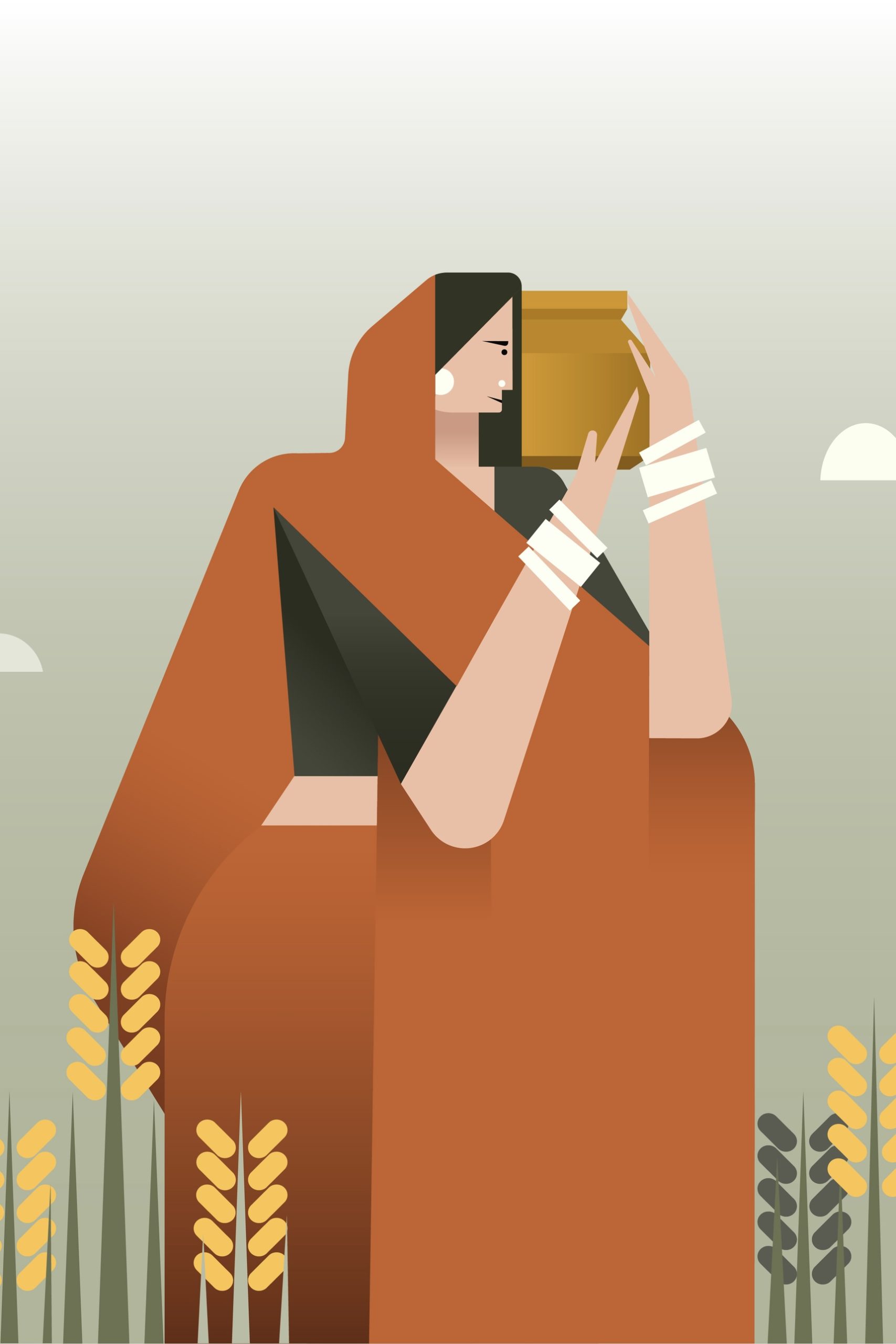 Illustration of an Indian rural woman holding water pot standing in a wheat field